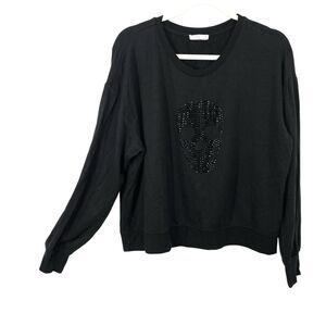 Brit NY Sequined Sugar Skull T-shirt Top Women size Large Black Long Sleeve